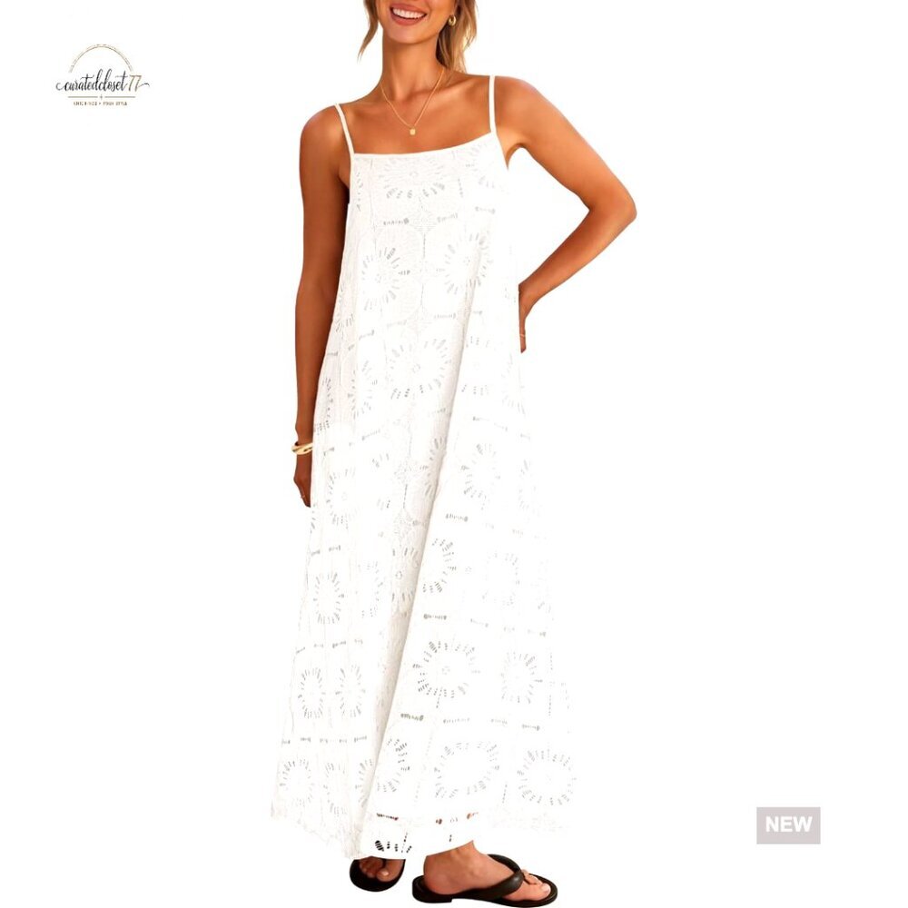 Summer Spaghetti Strap Maxi Dress with Lace Eyelet, Side Pockets